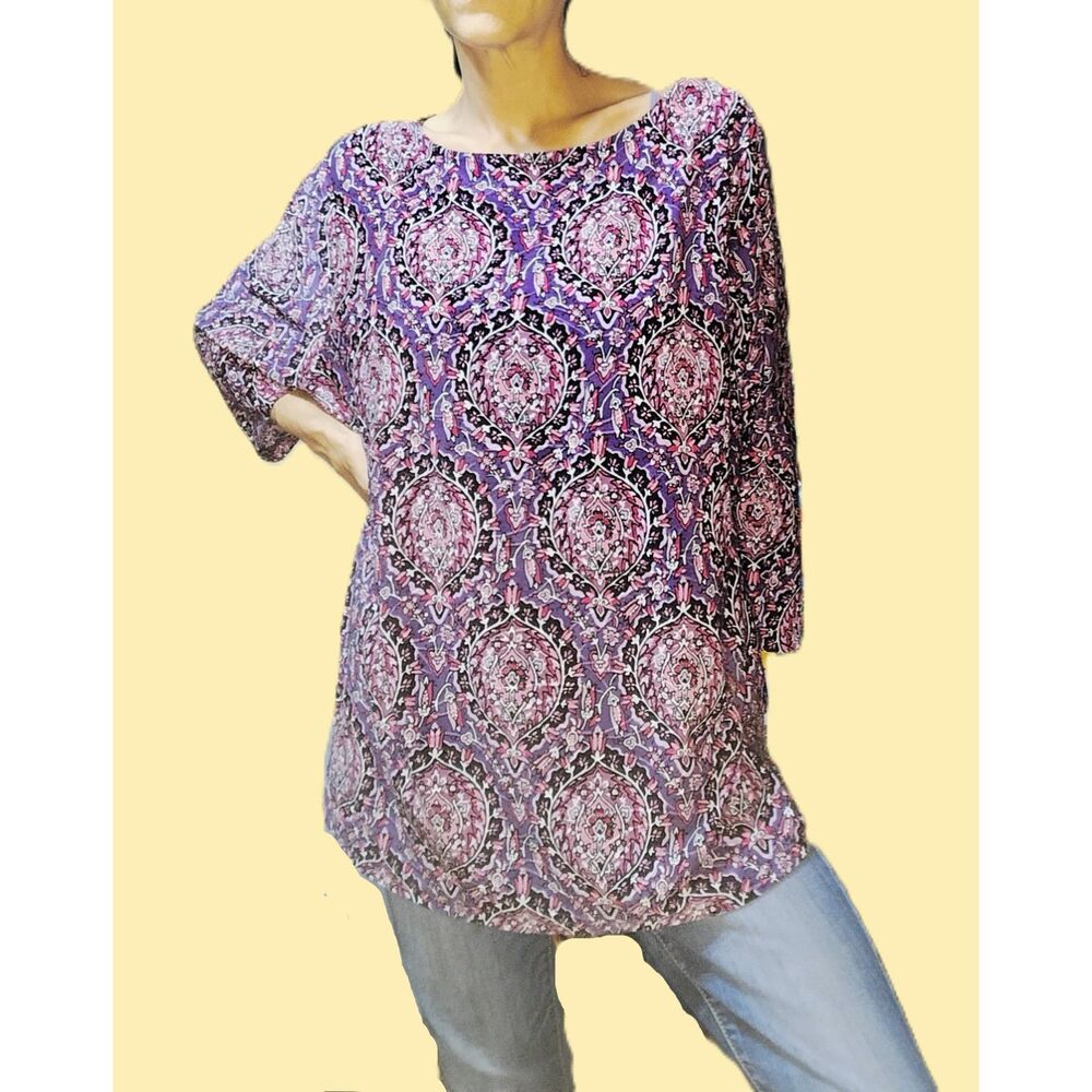 Craft & Barrow ~ Dark Purple & Pink Paisley Stretch Top ~ 1X / XL